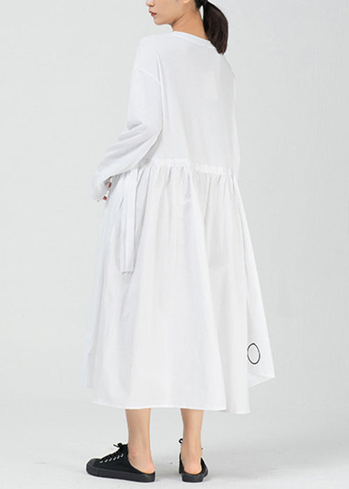 White Pockets Patchwork Cotton Long Dress O Neck Spring