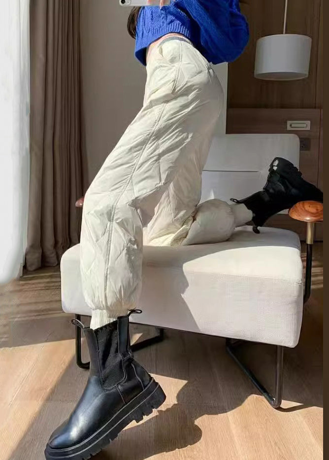 White Pockets Solid Fine Cotton Filled Crop Pants Elastic Waist