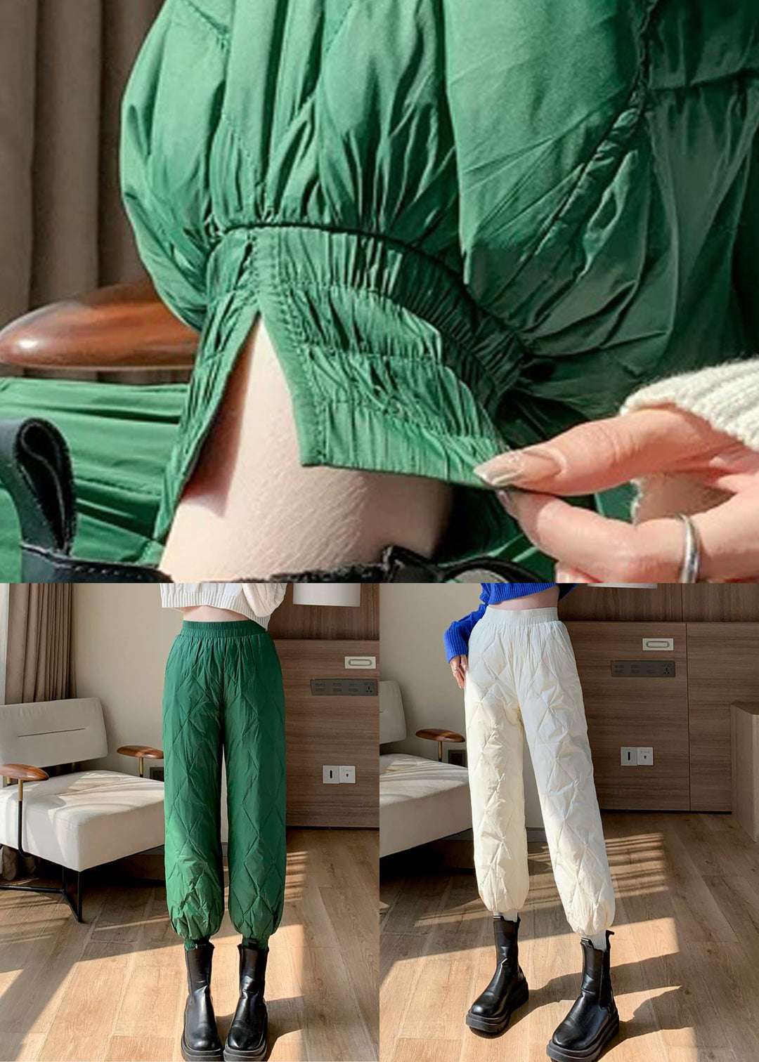 White Pockets Solid Fine Cotton Filled Crop Pants Elastic Waist