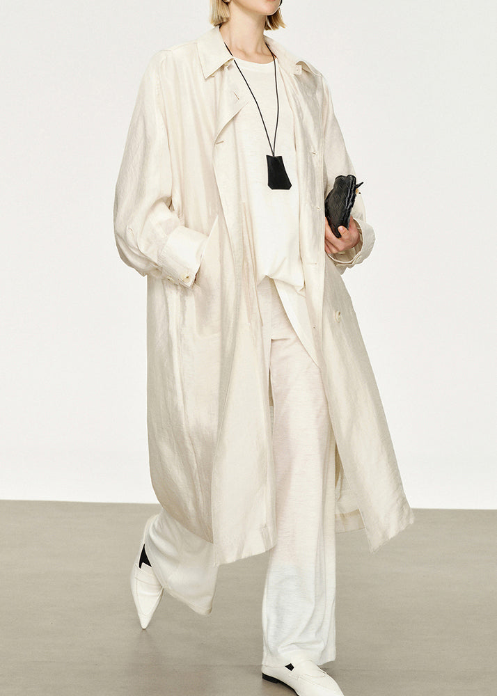 White Pockets Thin Linen Silk Long Trench Coats Peter Pan Collar Batwing Sleeve