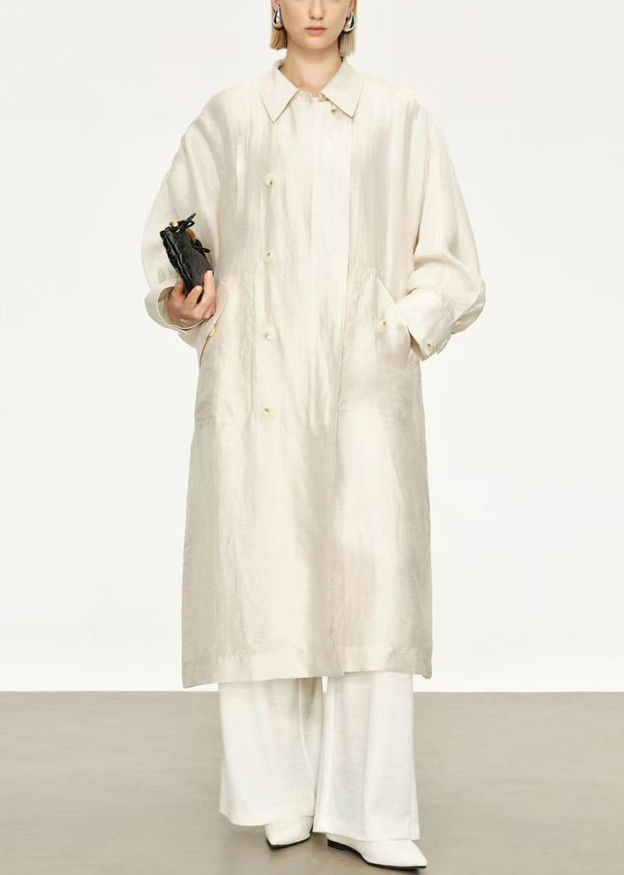 White Pockets Thin Linen Silk Long Trench Coats Peter Pan Collar Batwing Sleeve