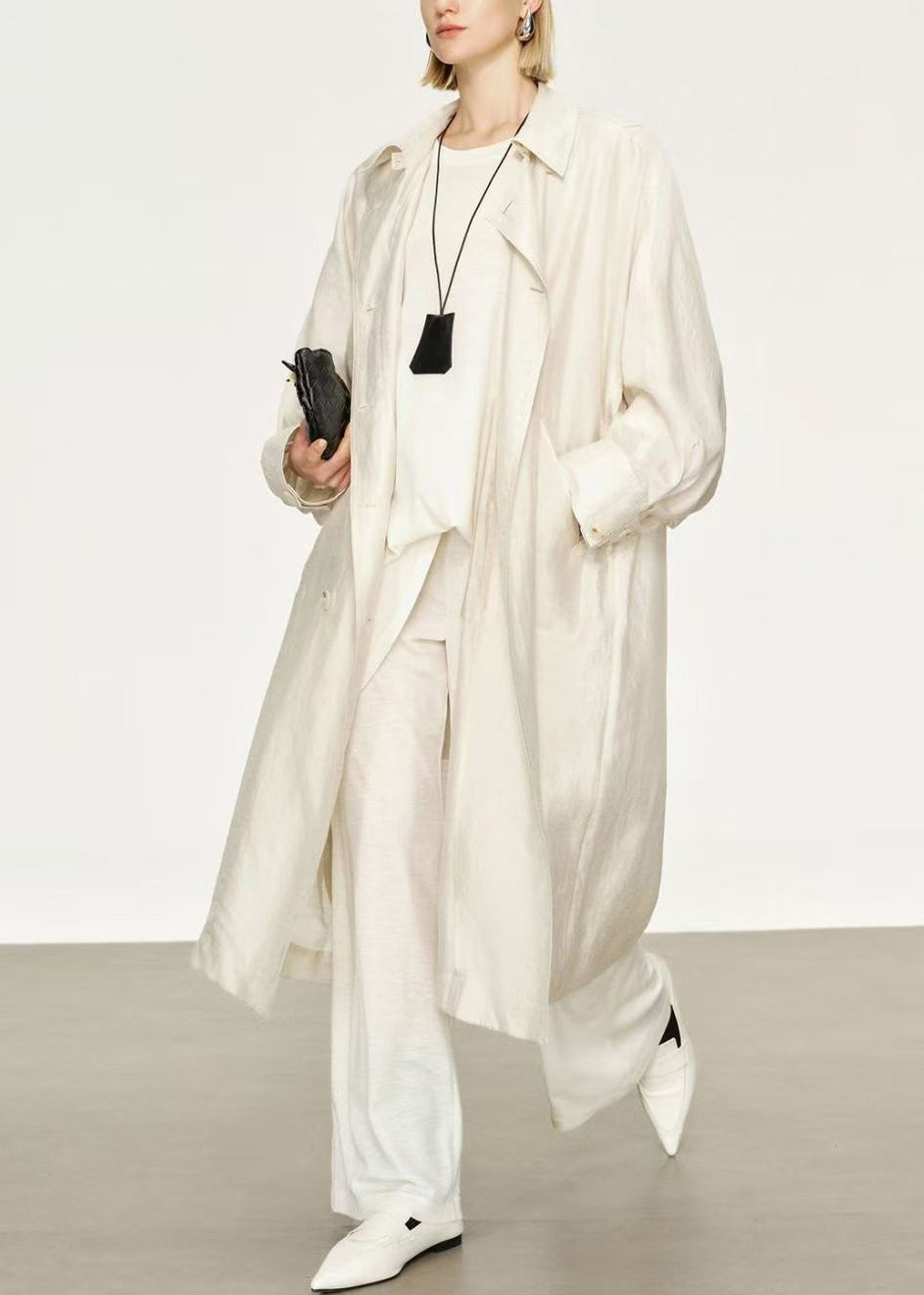 White Pockets Thin Linen Silk Long Trench Coats Peter Pan Collar Batwing Sleeve