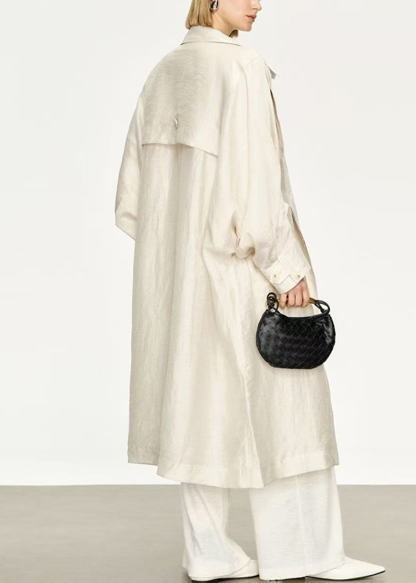 White Pockets Thin Linen Silk Long Trench Coats Peter Pan Collar Batwing Sleeve