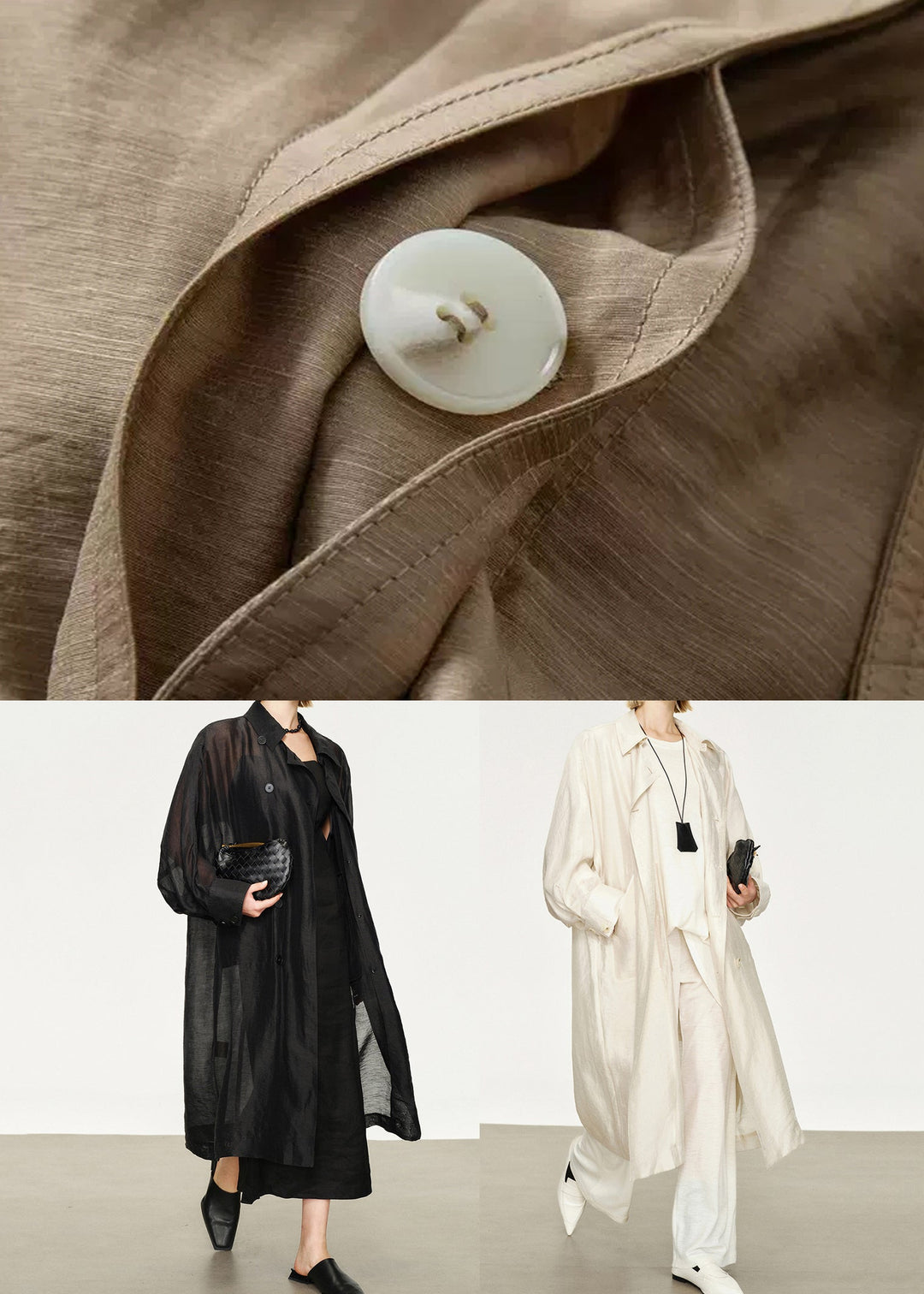 White Pockets Thin Linen Silk Long Trench Coats Peter Pan Collar Batwing Sleeve