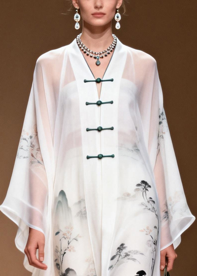 White Print Draping Chiffon Oriental Dress Chinese Button Summer