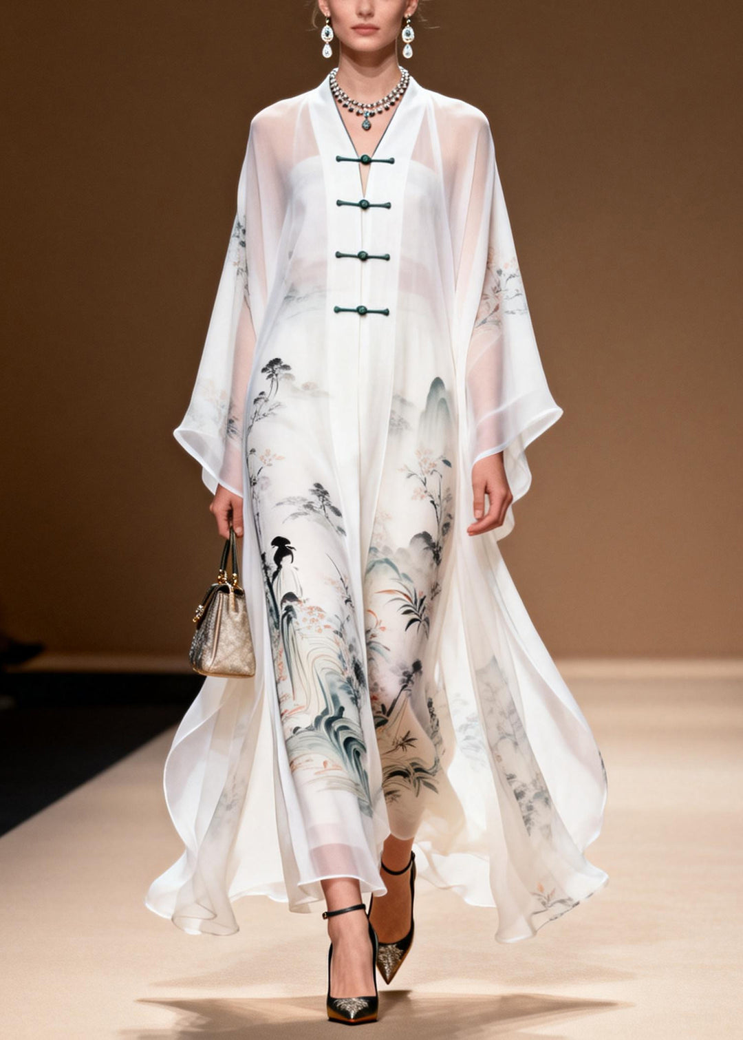 White Print Draping Chiffon Oriental Dress Chinese Button Summer
