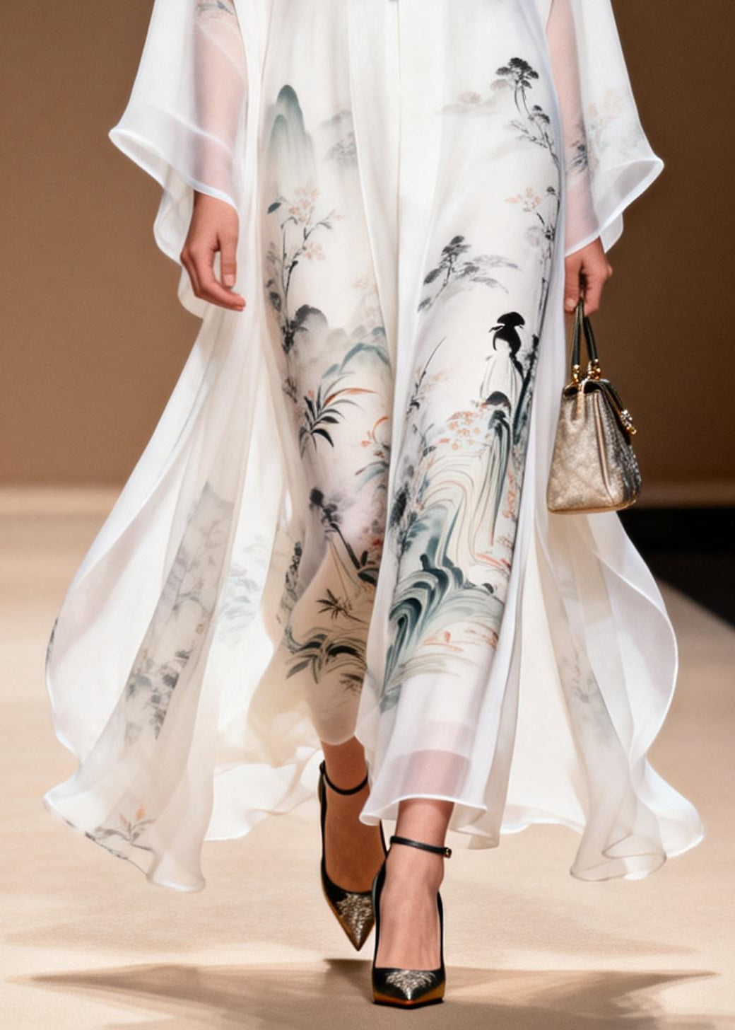 White Print Draping Chiffon Oriental Dress Chinese Button Summer