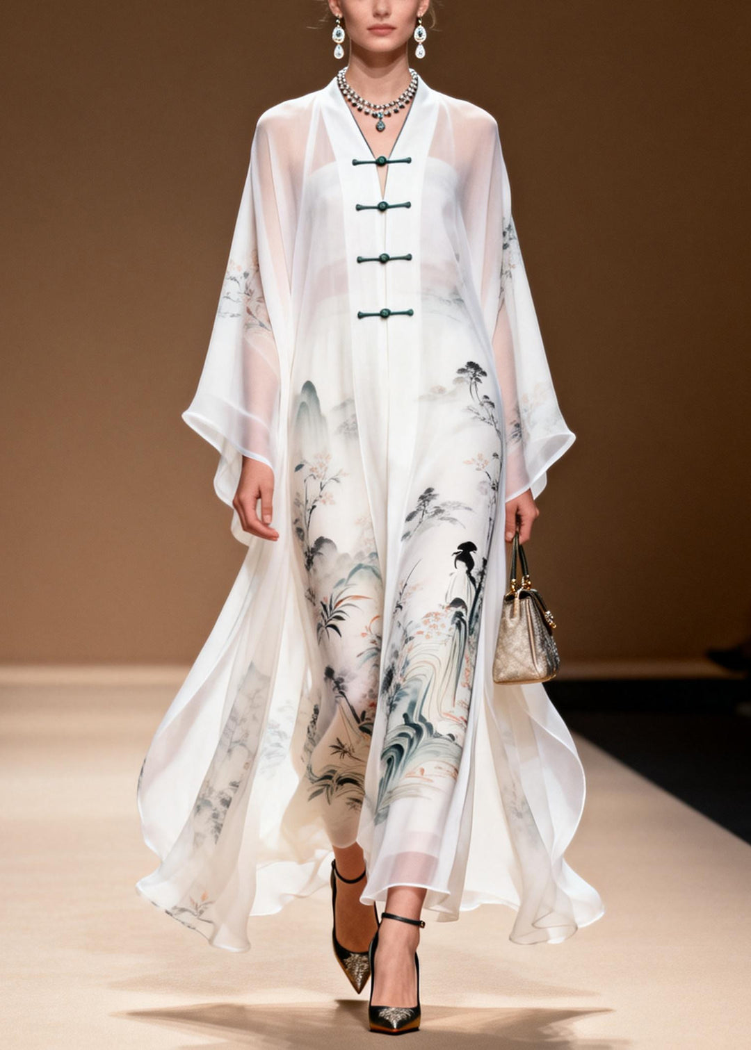 White Print Draping Chiffon Oriental Dress Chinese Button Summer