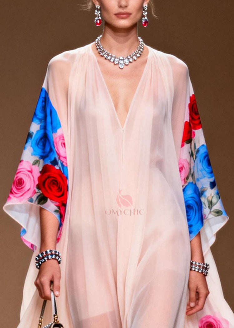 White Print Draping Chiffon Sheer Dresses Exra Large Hem Summer - Omychic