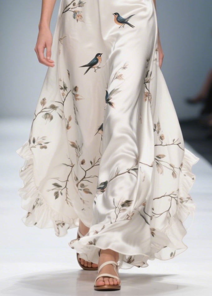 White Print Draping Silk Vacation Dresses Ruffled Summer