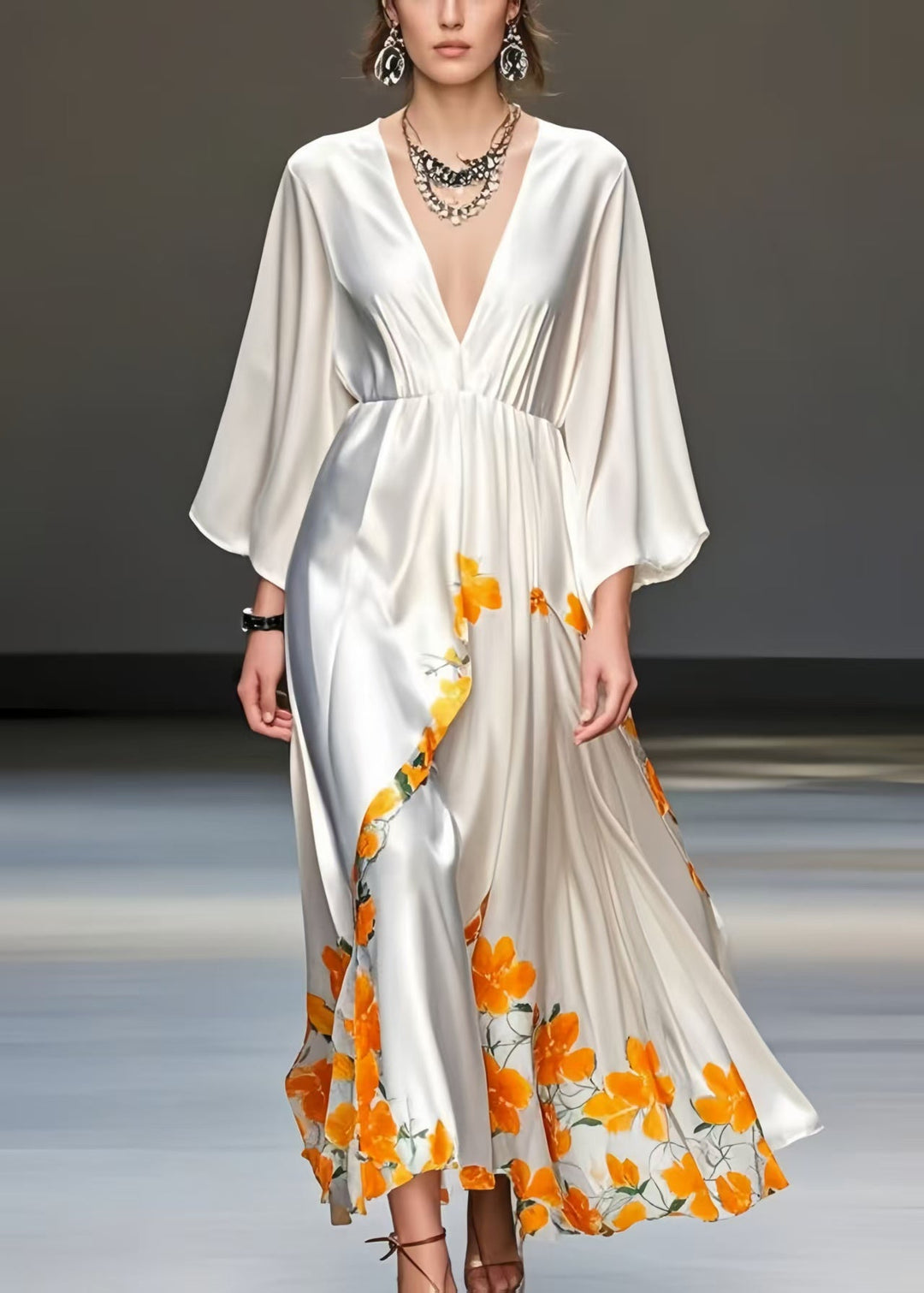 White Print Draping Silk Vacation Dresses V Neck Spring
