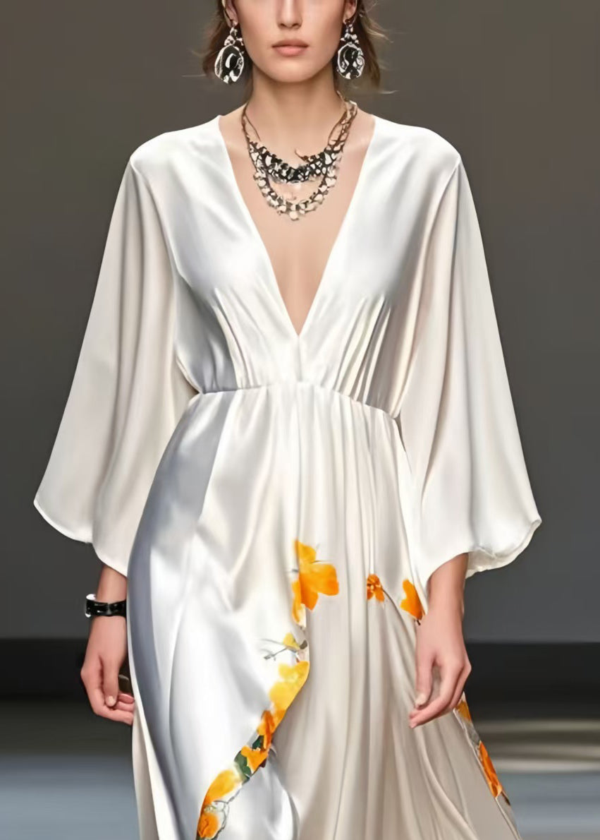 White Print Draping Silk Vacation Dresses V Neck Spring