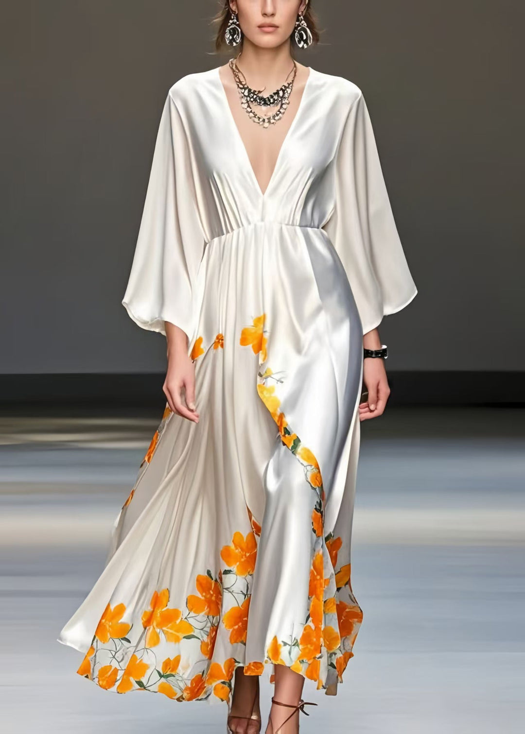 White Print Draping Silk Vacation Dresses V Neck Spring