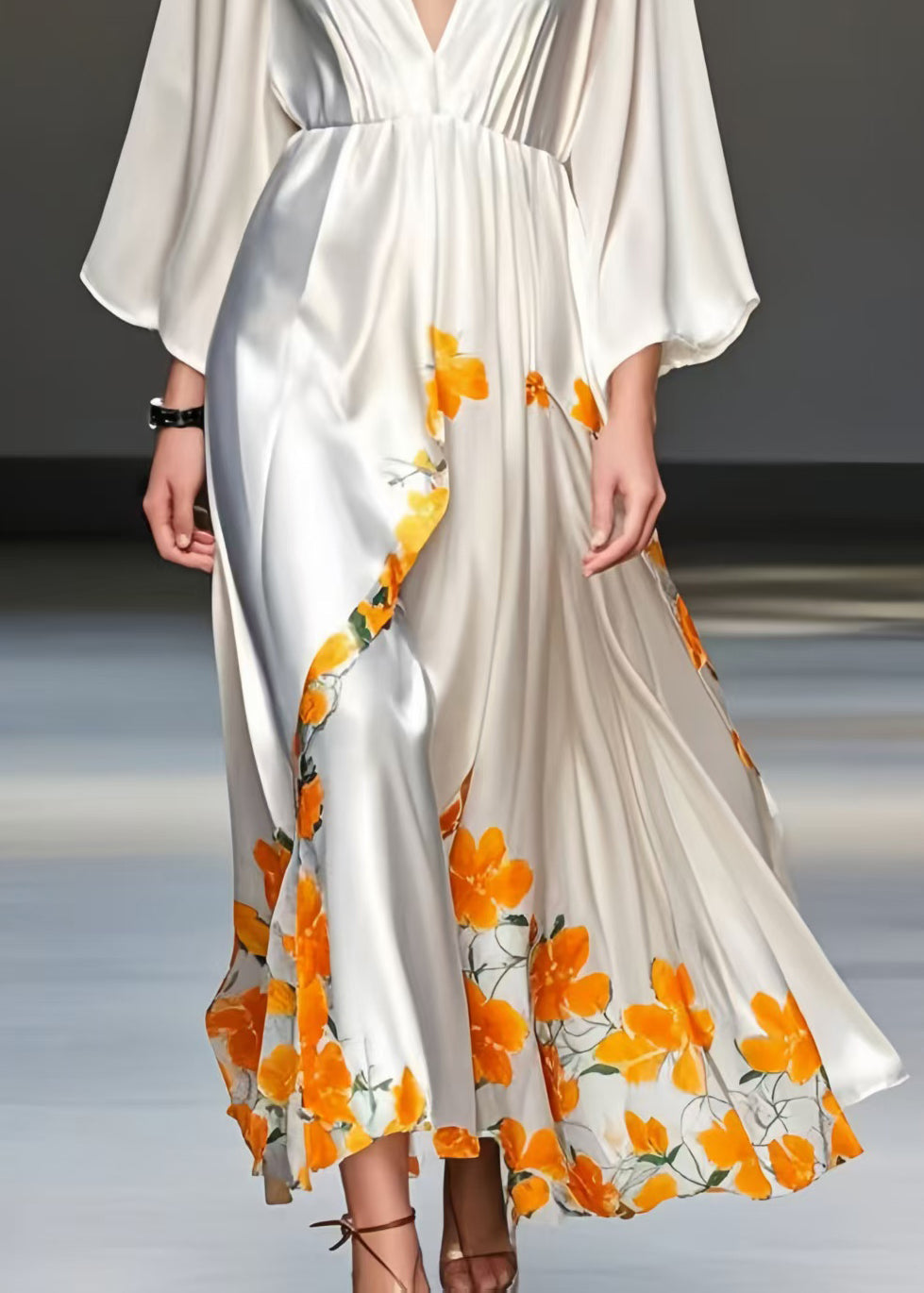 White Print Draping Silk Vacation Dresses V Neck Spring