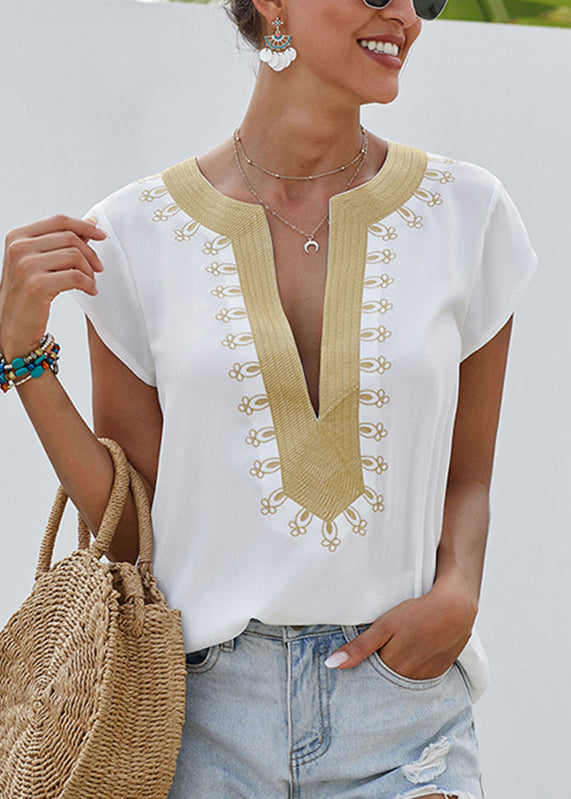 White Print Solid Tops Short Sleeve