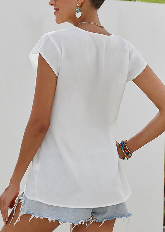 White Print Solid Tops Short Sleeve