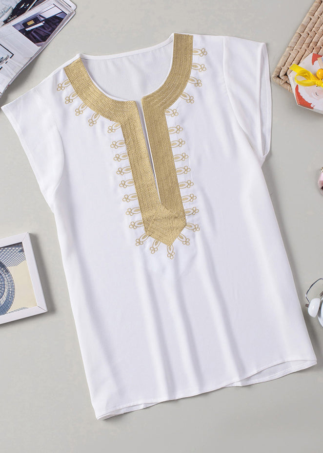White Print Solid Tops Short Sleeve