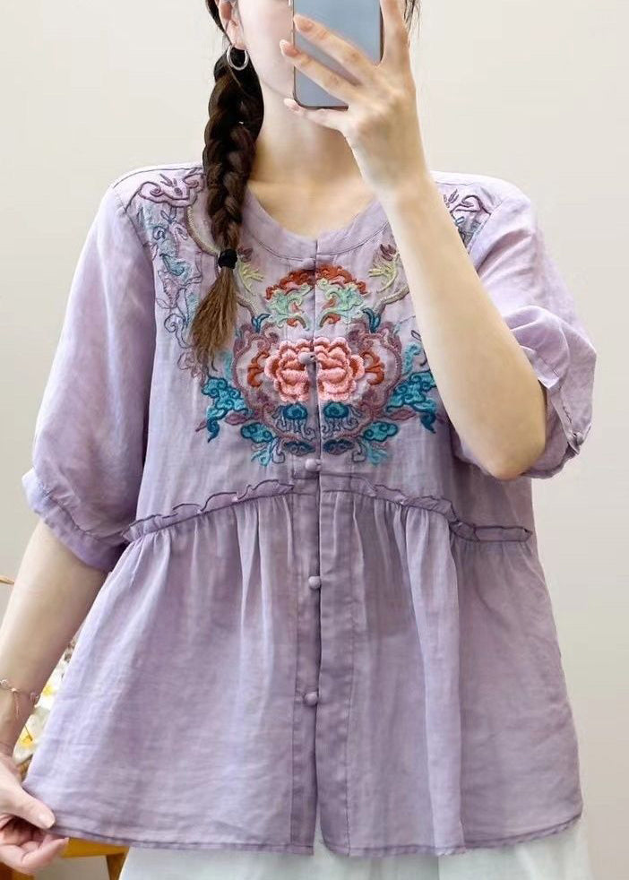 White Ruffled Button Linen Summer Shirts Embroidered