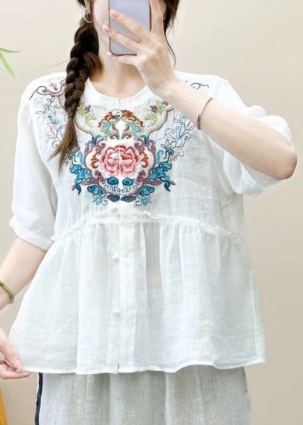 White Ruffled Button Linen Summer Shirts Embroidered