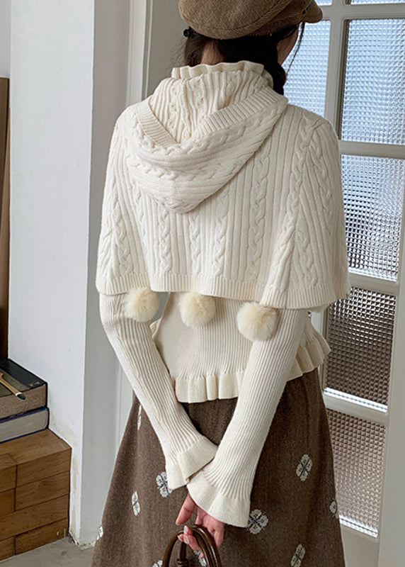 White Ruffled Cotton Knit Cloak And Sweaters Two Pieces Set Flare Sleeve