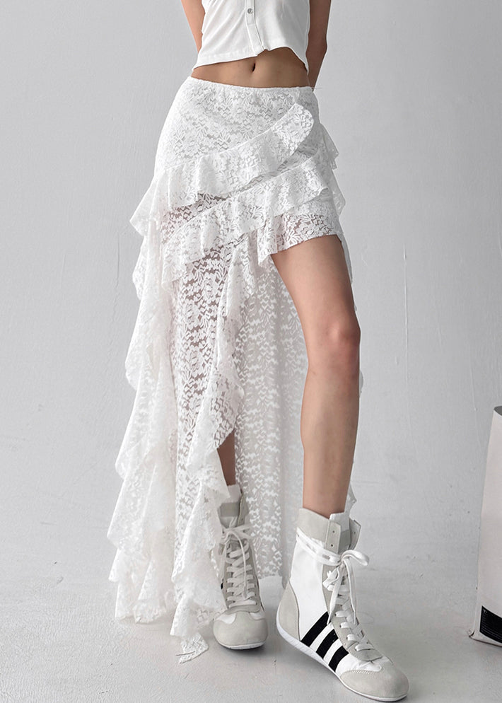 White Ruffled Solid Lace Summer Skirt Asymmetrical