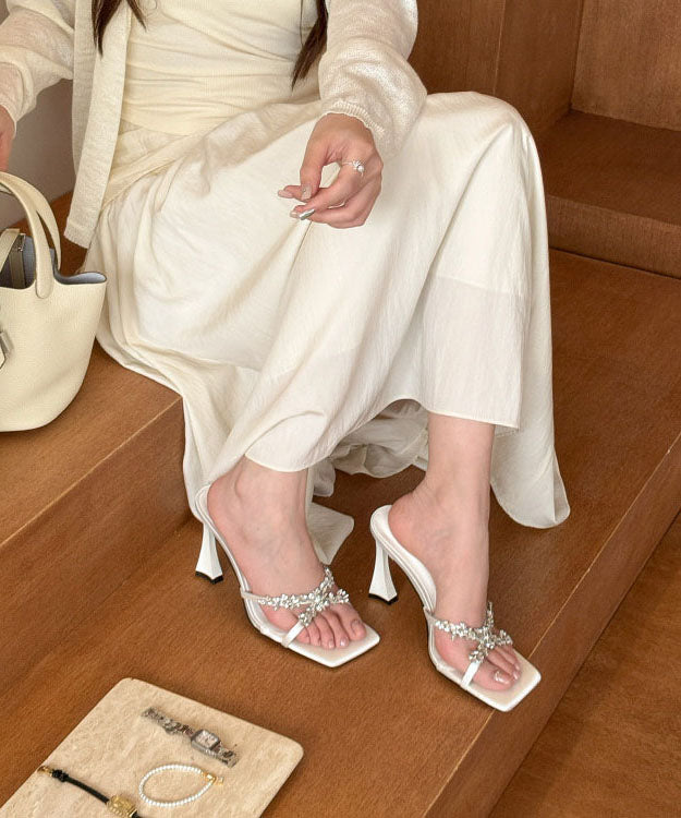 White Satin Zircon Splicing High Heel Slide Sandals Peep Toe