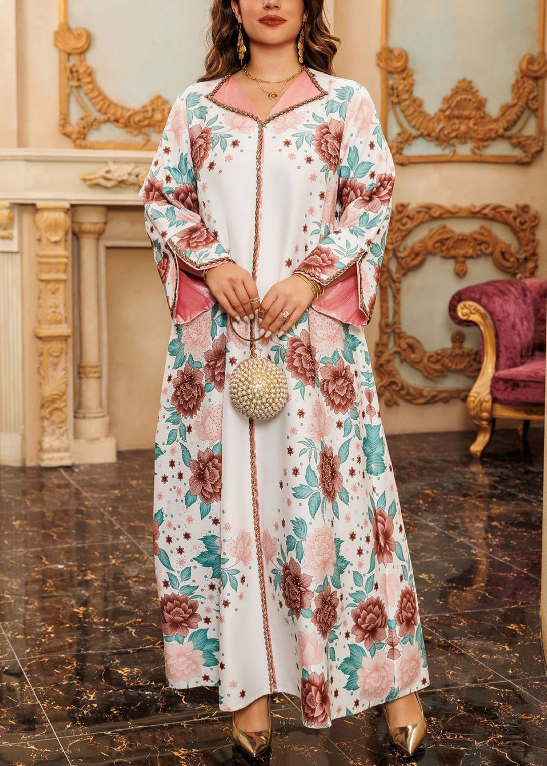 White Side Open Patchwork Fall Long Dress Print