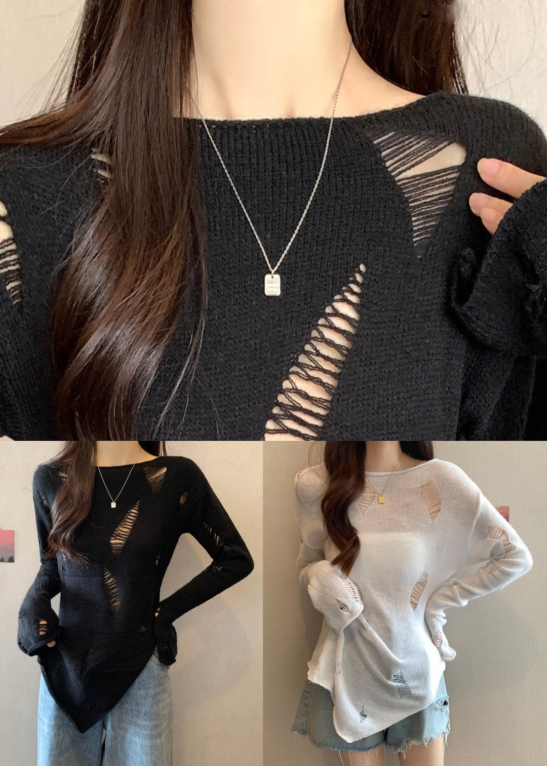 White Side Open Solid Knit Spring Sweater Hollow Out