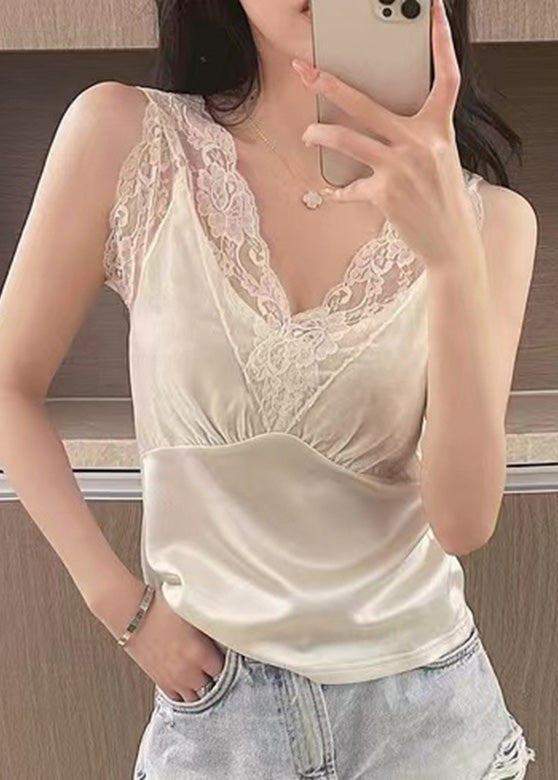 White Silk Beach Vest V Neck Summer