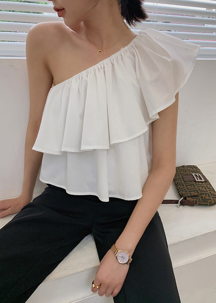 White Solid Cotton Shirts Cold Shoulder Summer