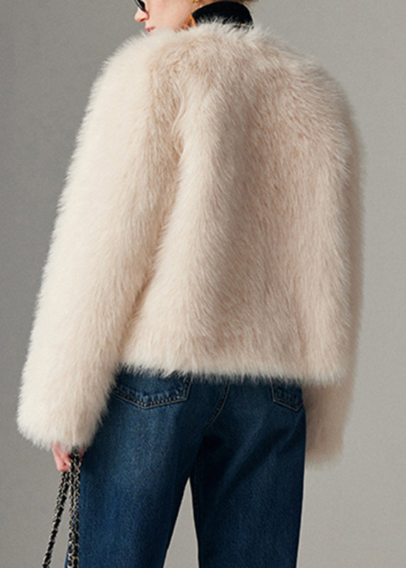 White Solid Cozy Leather And Fur Coats Long Sleeve