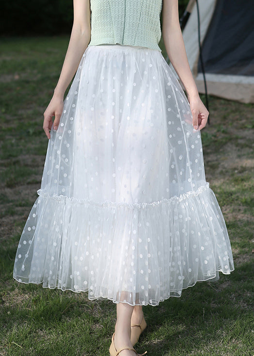 White Solid Dot Tulle Summer Skirts High Waist