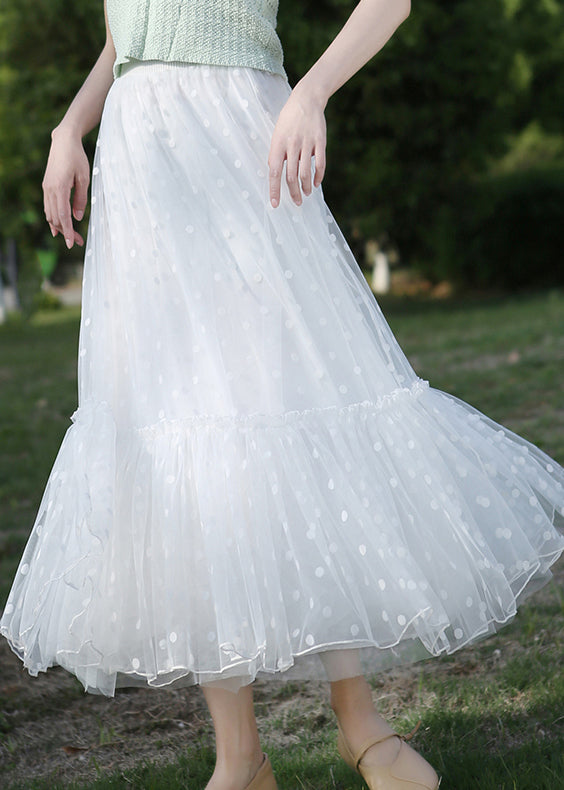 White Solid Dot Tulle Summer Skirts High Waist