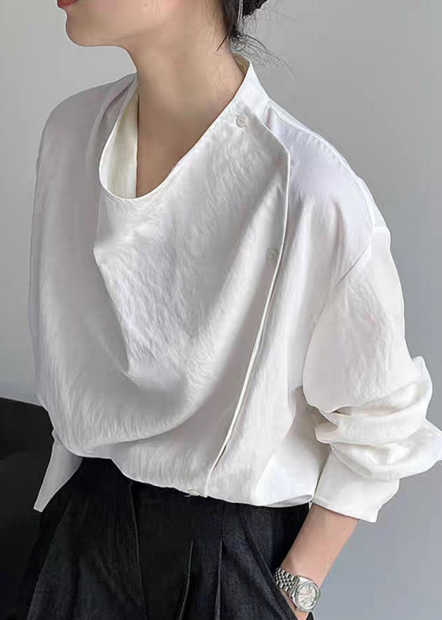 White Stand Collar Button Solid Shirts Lantern Sleeve