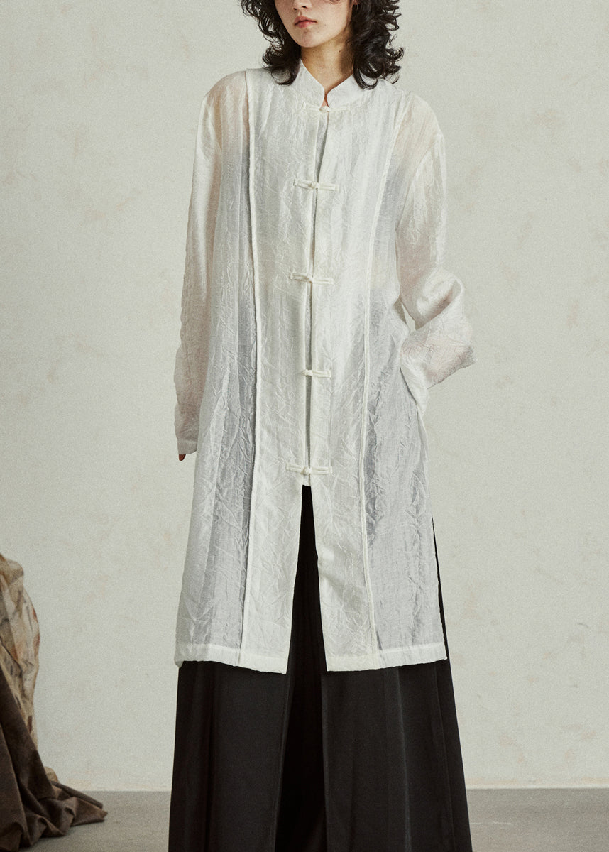 White Stand Collar Organza Maxi Shirt Fall