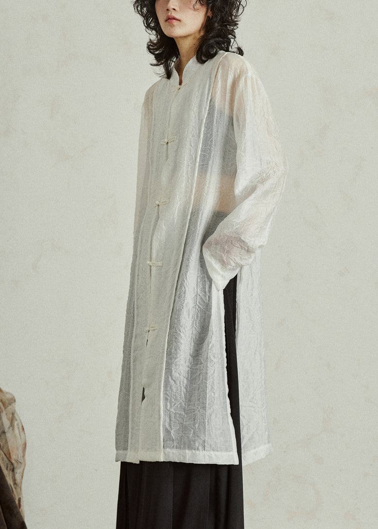 White Stand Collar Organza Maxi Shirt Fall