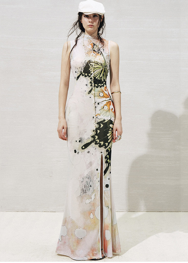 White Stand Collar Side Open Tulle Maxi Dresses Two Piece Set Sleeveless