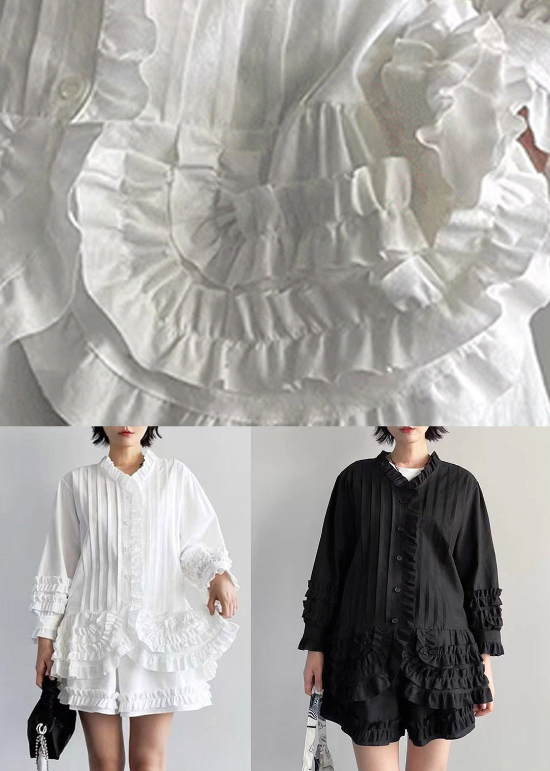 White Stand Collar Solid Shirts And Shorts Two Pieces Set Puff Sleeve