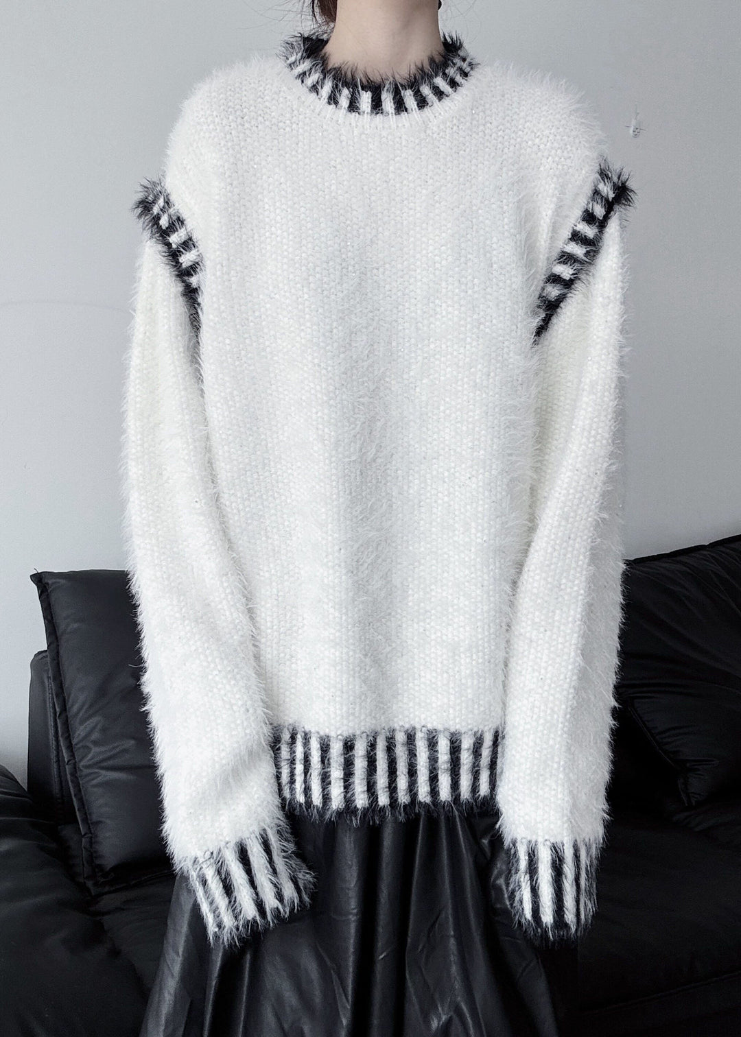 White Striped Mink Hair Knitted Pullover Oversized Winter
