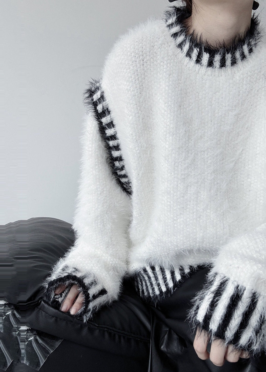 White Striped Mink Hair Knitted Pullover Oversized Winter