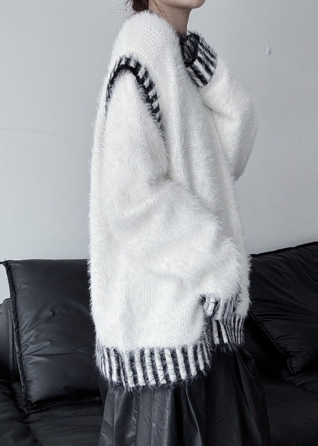 White Striped Mink Hair Knitted Pullover Oversized Winter