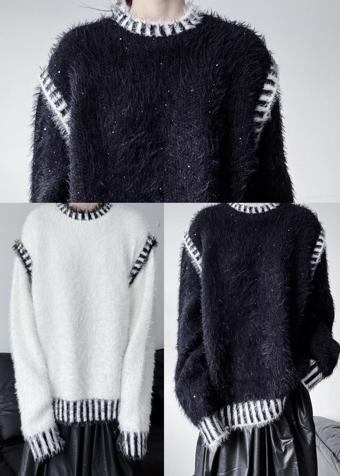 White Striped Mink Hair Knitted Pullover Oversized Winter