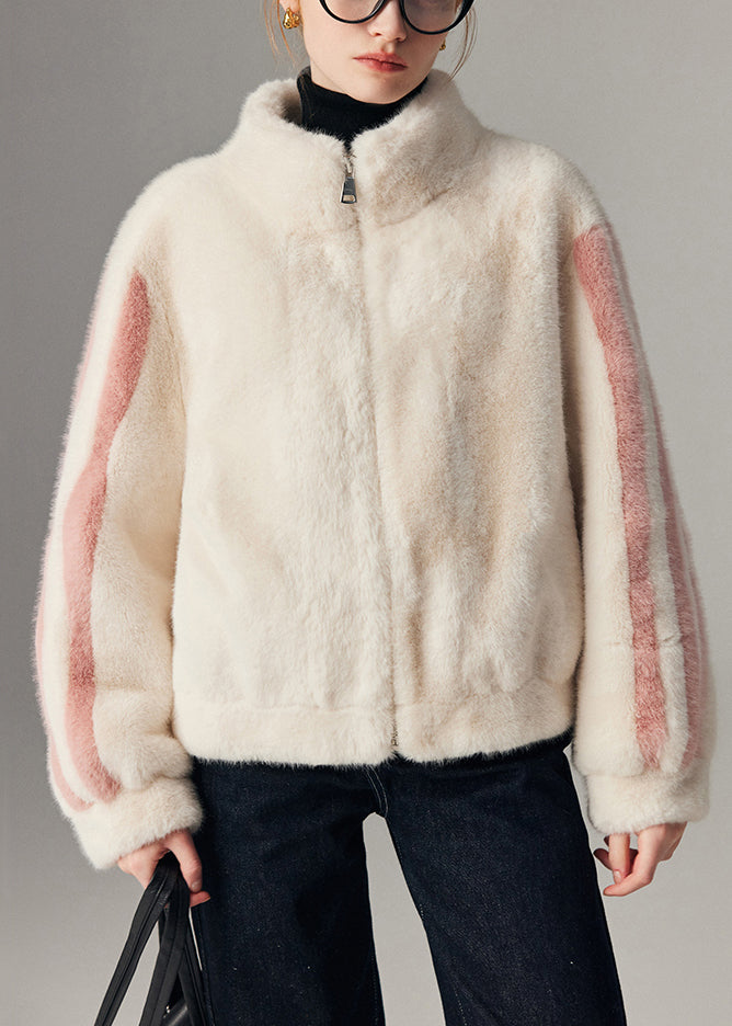 White Striped Pockets Mink Hair Winter Coats Zip Up