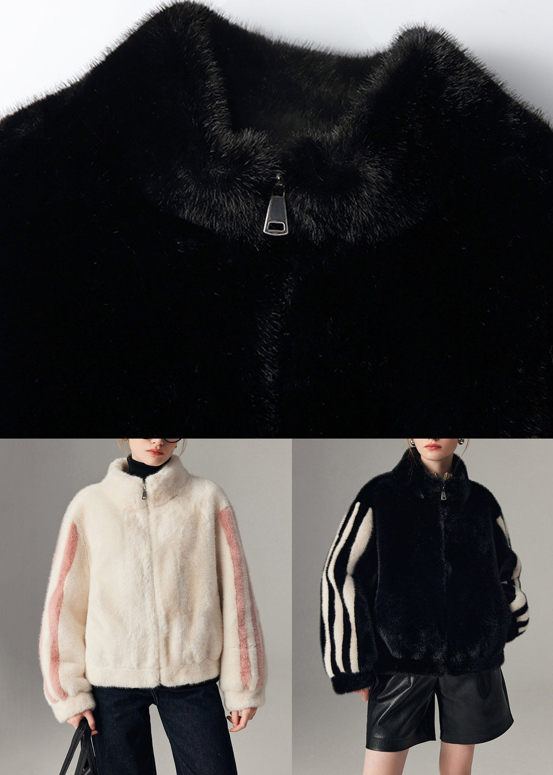 White Striped Pockets Mink Hair Winter Coats Zip Up