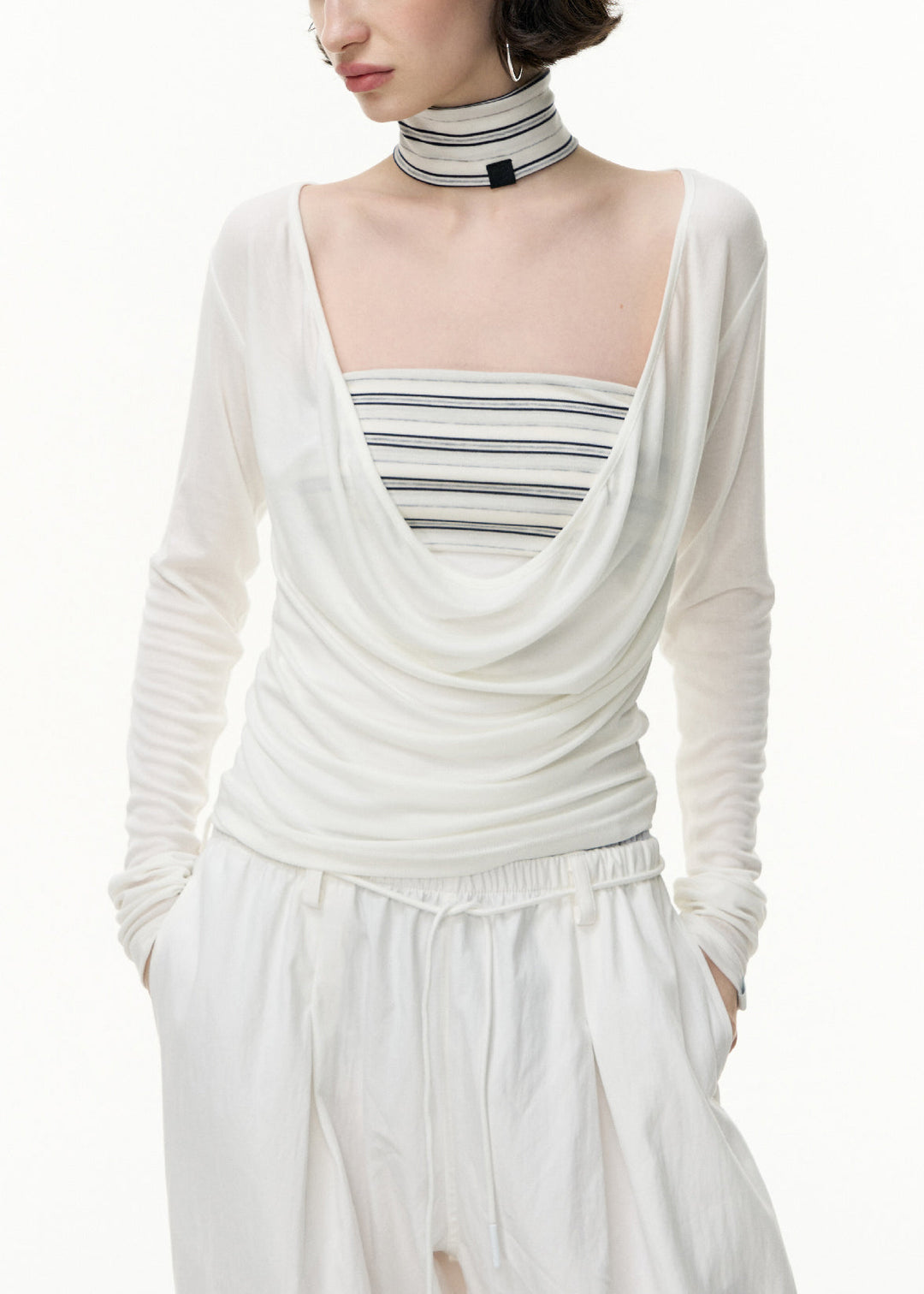 White Striped Solid Slim Fit Cotton Two Pieces Set V Neck