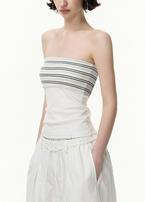 White Striped Solid Slim Fit Cotton Two Pieces Set V Neck