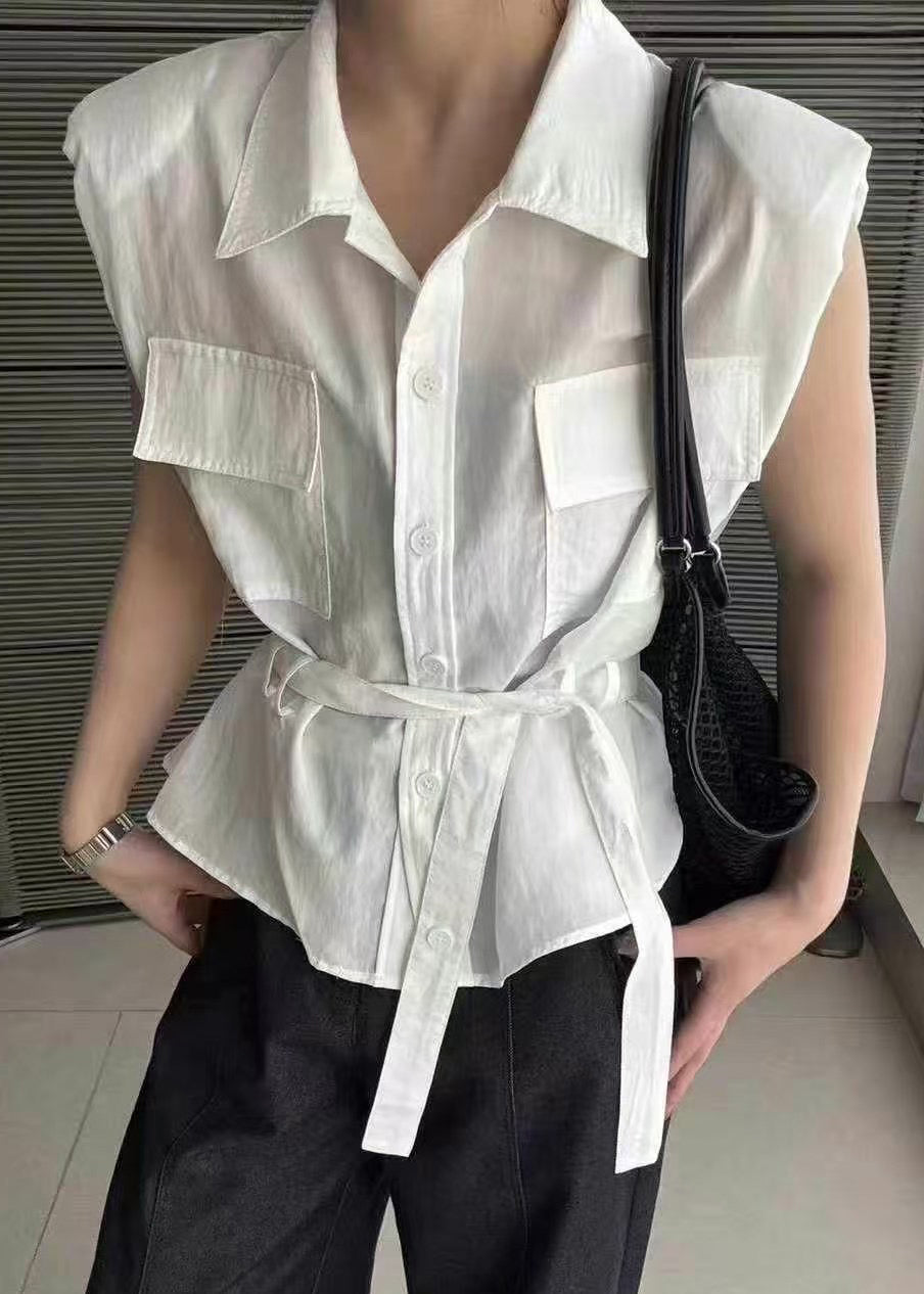 White Tie Waist Cotton Blouses Peter Pan Collar Summer