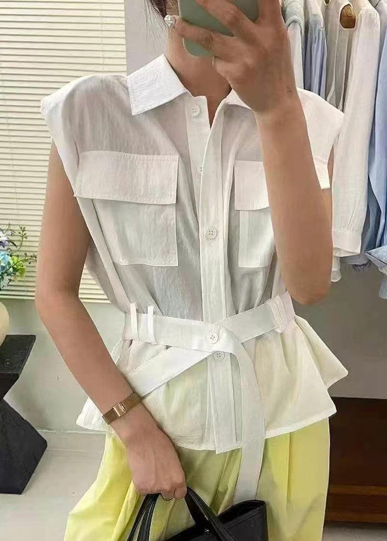 White Tie Waist Cotton Blouses Peter Pan Collar Summer