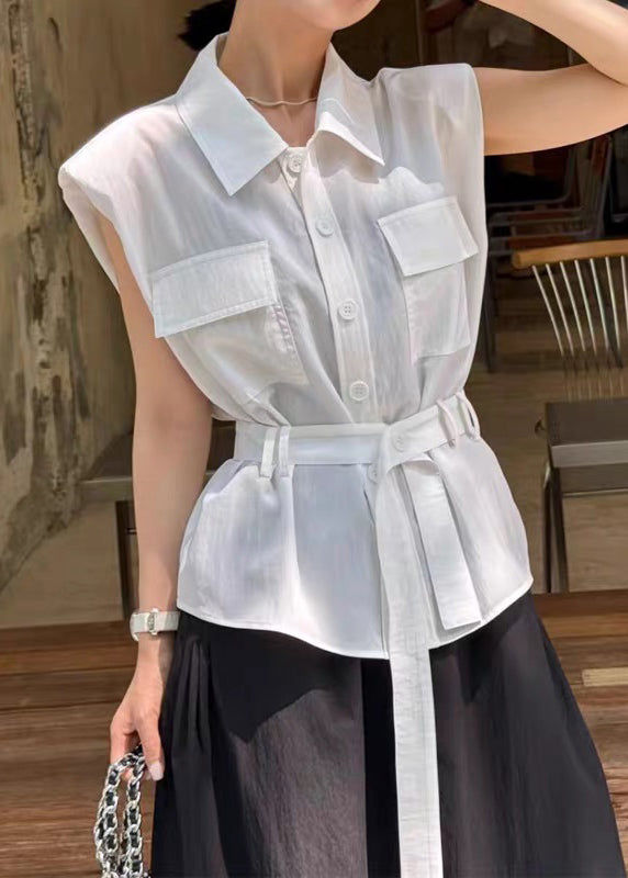 White Tie Waist Cotton Blouses Peter Pan Collar Summer