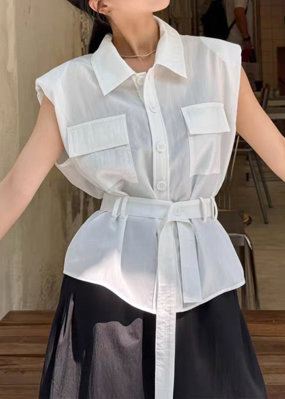 White Tie Waist Cotton Blouses Peter Pan Collar Summer